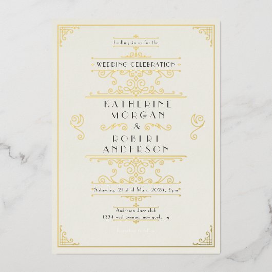 ヴィンテージアールデコエレガントウェディング 箔招待状 (正面)