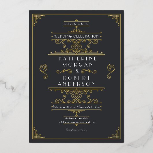 ヴィンテージアールデコエレガントウェディング 箔招待状 (正面)