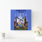 ヴィンテージアールデコシカゴ1934ワールドフェア・ポスター スクエア壁時計 (ホーム)