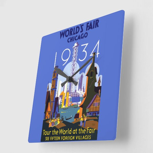 ヴィンテージアールデコシカゴ1934ワールドフェア・ポスター スクエア壁時計 (傾斜)