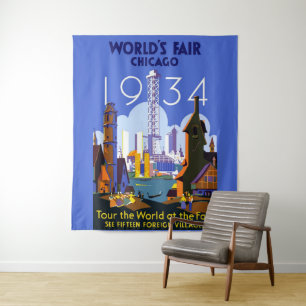 ヴィンテージアールデコシカゴ1934ワールドフェア・ポスター タペストリー