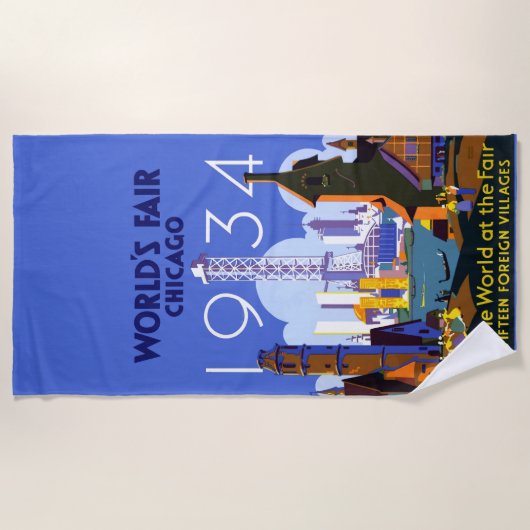 ヴィンテージアールデコシカゴ1934ワールドフェア・ポスター ビーチタオル (正面)