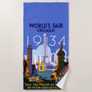 ヴィンテージアールデコシカゴ1934ワールドフェア・ポスター ビーチタオル