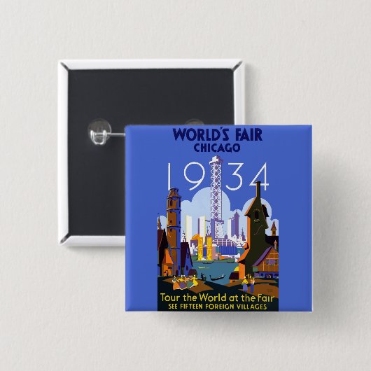 ヴィンテージアールデコシカゴ1934ワールドフェア・ポスター 缶バッジ (正面&裏面)
