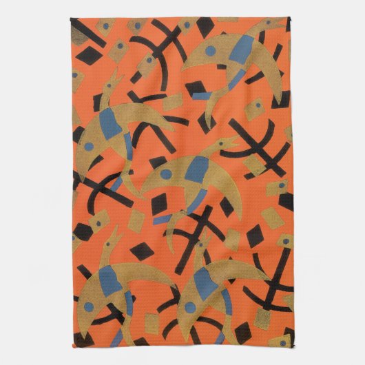 ヴィンテージアールデコジャズポチョアゴールデンバード動物 キッチンタオル (縦)