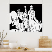 ヴィンテージアールデコスキーカップルスキーヤーイラストレーション ポスター (キッチン)