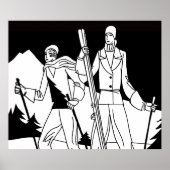 ヴィンテージアールデコスキーカップルスキーヤーイラストレーション ポスター (正面)