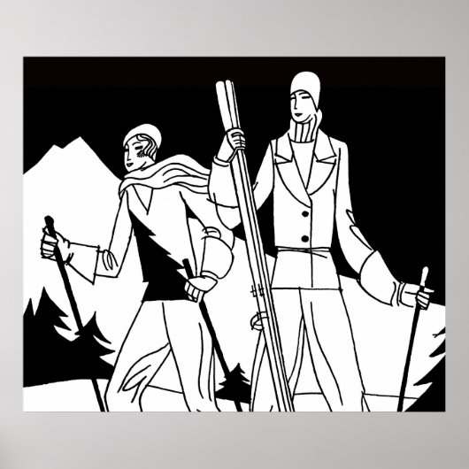 ヴィンテージアールデコスキーカップルスキーヤーイラストレーション ポスター (正面)