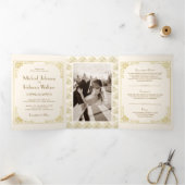 ヴィンテージアールデコスタイルアイボリー及び金ゴールド結婚の 三つ折り招待状 (内部)