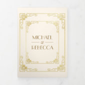 ヴィンテージアールデコスタイルアイボリー及び金ゴールド結婚の 三つ折り招待状 (カバー)