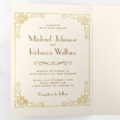 ヴィンテージアールデコスタイルアイボリー及び金ゴールド結婚の 三つ折り招待状 (内部最初)