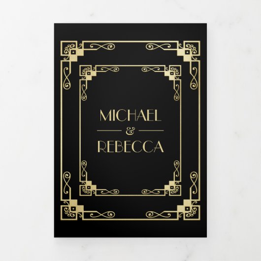ヴィンテージアールデコスタイルブラックと金ゴールド結婚ズ 三つ折り招待状 (カバー)