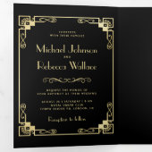 ヴィンテージアールデコスタイルブラックと金ゴールド結婚ズ 三つ折り招待状 (内部最初)