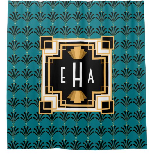 ヴィンテージアールデコパルメットパターンモノグラム シャワーカーテン (正面)