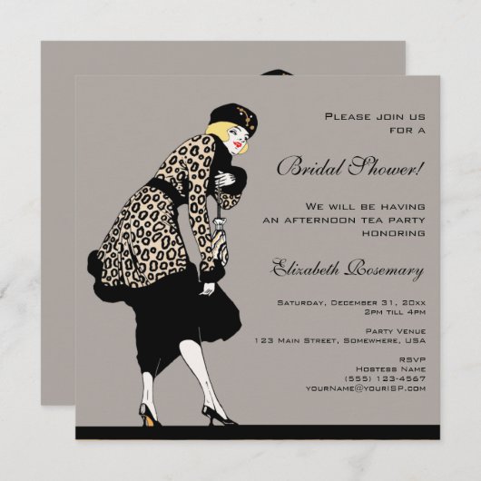 ヴィンテージアールデコファッション表示ブライダルシャワー 招待状 (正面/裏面)