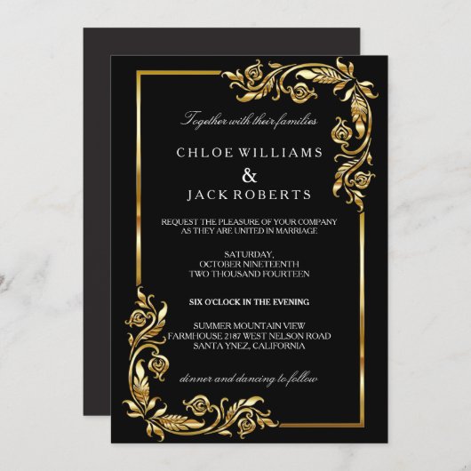 ヴィンテージアールデコブラックおよび金ゴールドスタイル 招待状 (正面/裏面)