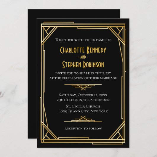 ヴィンテージアールデコブラック&金ゴールド素晴らしギャツビー結婚ズ 招待状 (正面/裏面)