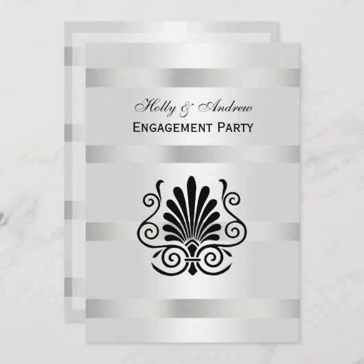 ヴィンテージアールデコプルーム白黒V婚約 招待状 (正面/裏面)