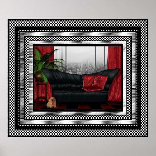 ヴィンテージアールデコポスターシルバーレッドブラックソファ猫 ポスター (正面)