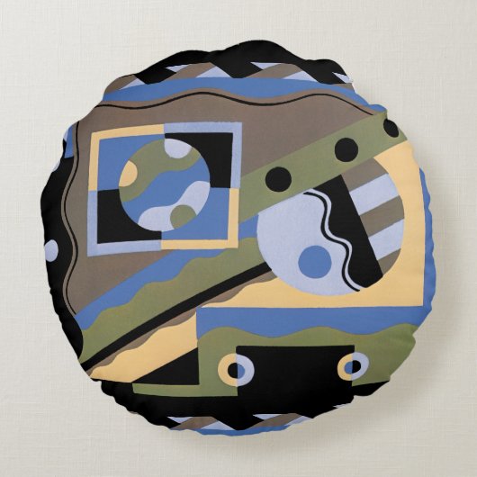 ヴィンテージアールデコポチョワールJazz Cubismパターン ラウンドクッション (裏面)