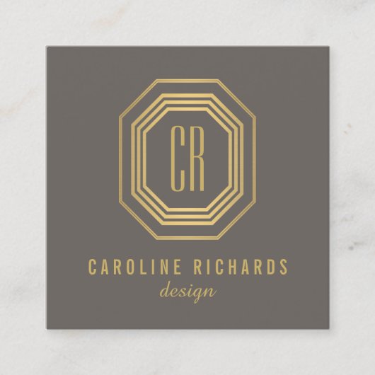 ヴィンテージアールデコモノグラム金ゴールド/グレー スクエア名刺 (正面)