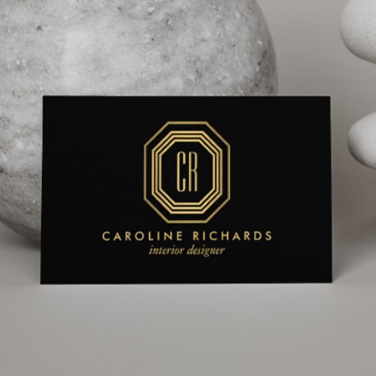 ヴィンテージアールデコモノグラム金ゴールド/黒 名刺