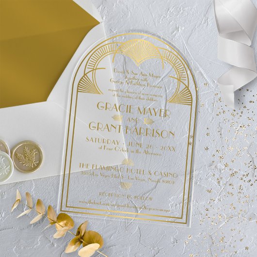 ヴィンテージアールデコユニーク金ゴールド結婚Arch アクリル招待状