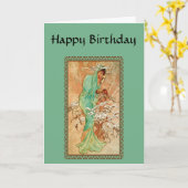 ヴィンテージアールデコレディグリーンゴールデンツリー誕生日 カード (黄色い花)