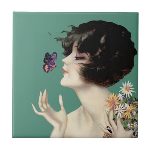 ヴィンテージアールデコレディバタフライかわいらしフラワー タイル (正面)