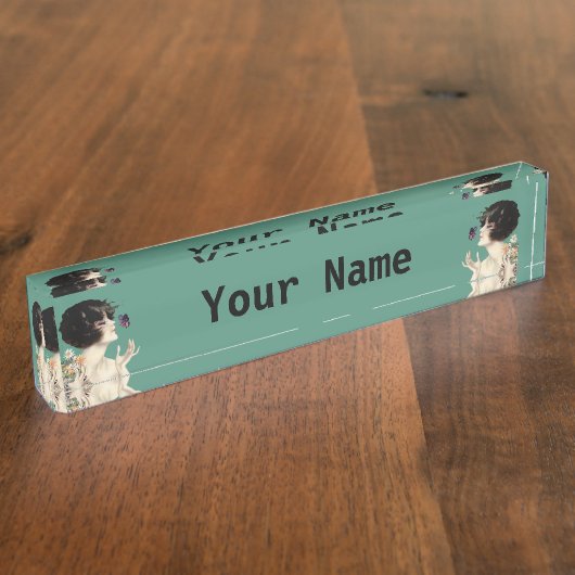 ヴィンテージアールデコレディバタフライかわいらしフラワー デスクネームプレート (側面)