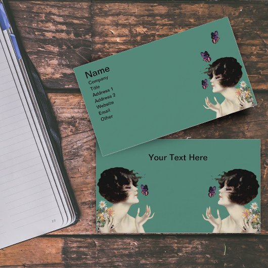 ヴィンテージアールデコレディバタフライかわいらしフラワー 名刺