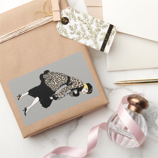 ヴィンテージアールデコレパード柄の女性 長方形シール (ギフト)