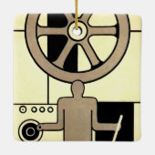 ヴィンテージアールデコ作業車および機械作業者 セラミックオーナメント (裏面)