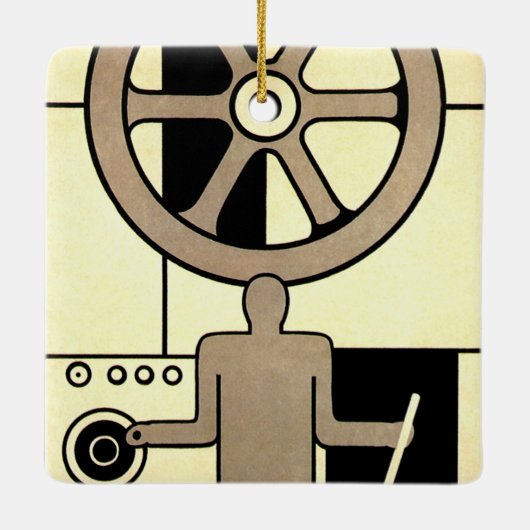 ヴィンテージアールデコ作業車および機械作業者 セラミックオーナメント (裏面)