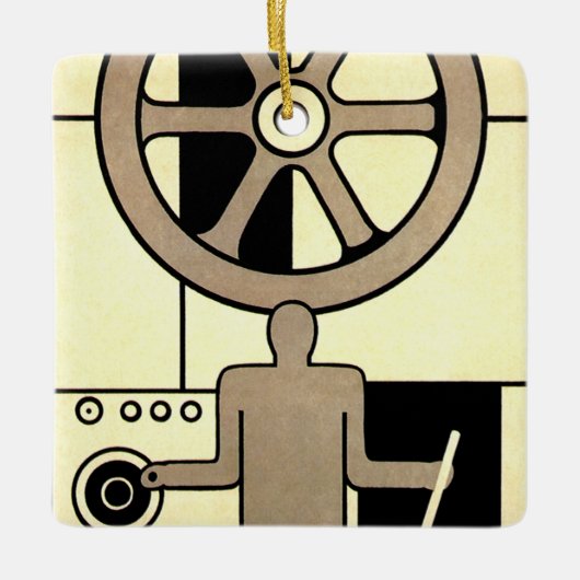 ヴィンテージアールデコ作業車および機械作業者 セラミックオーナメント (正面)