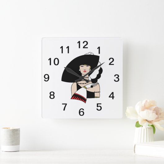ヴィンテージアールデコ女性の帽子手袋カラー スクエア壁時計 (ホーム)