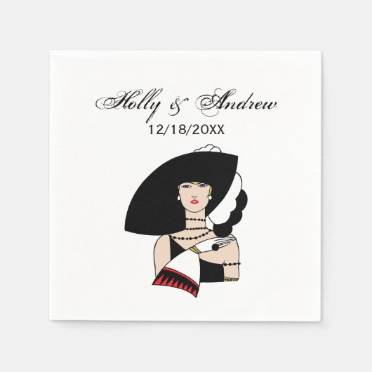 ヴィンテージアールデコ女性の帽子手袋カラー スタンダードカクテルナプキン (正面)