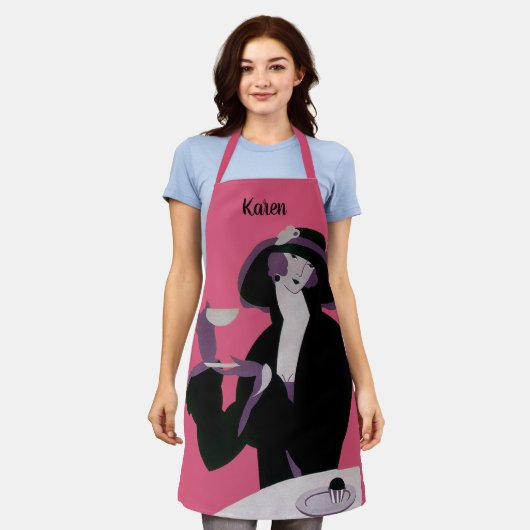 ヴィンテージアールデコ女性、アフタヌーンティーとカップケーキ エプロン (着用した状態)