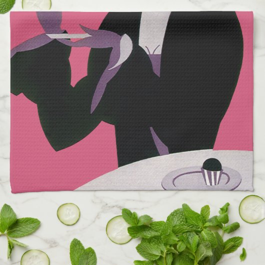 ヴィンテージアールデコ女性、アフタヌーンティーとカップケーキ キッチンタオル (折り畳み)