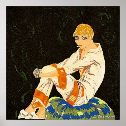 ヴィンテージアールデコ女性、喫煙by S. Chompre ポスター (正面)