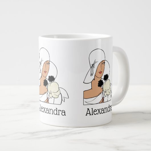 ヴィンテージアールデコ帽子Cをかぶった花付き女性 ジャンボコーヒーマグカップ (正面右)