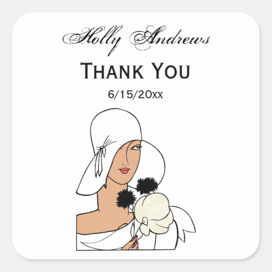 ヴィンテージアールデコ帽子Cをかぶった花付き女性 スクエアシール (正面)