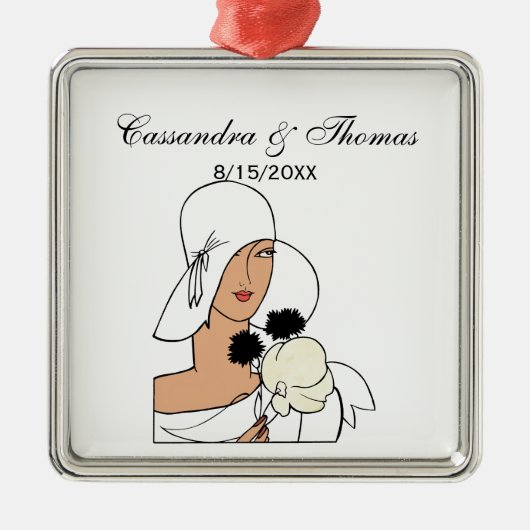 ヴィンテージアールデコ帽子Cをかぶった花付き女性 メタルオーナメント (正面)