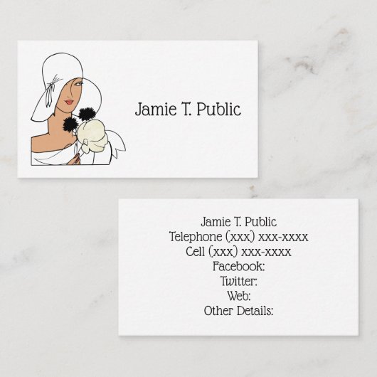 ヴィンテージアールデコ帽子Cをかぶった花付き女性 名刺 (正面/裏面)