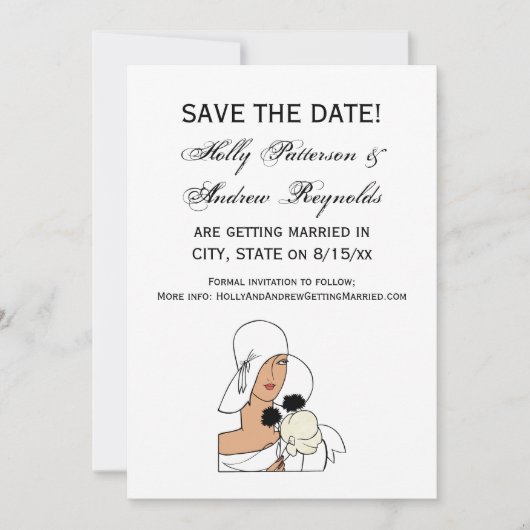 ヴィンテージアールデコ帽子Cをかぶった花付き女性 招待状 (正面)