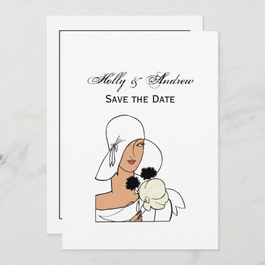 ヴィンテージアールデコ帽子Cをかぶった花付き女性 招待状 (正面/裏面)