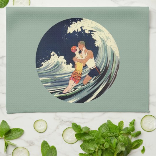 ヴィンテージアールデコ愛好家キスインザウェーブアットビーチ キッチンタオル (折り畳み)