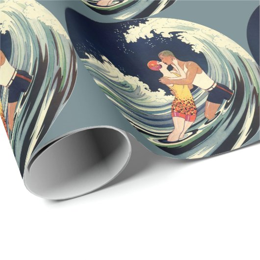 ヴィンテージアールデコ愛好家キスインザウェーブアットビーチ ラッピングペーパー (ロールコーナー)