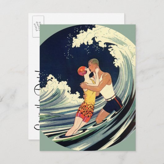 ヴィンテージアールデコ愛好家キス結婚式日付を保存 案内ポストカード (正面/裏面)