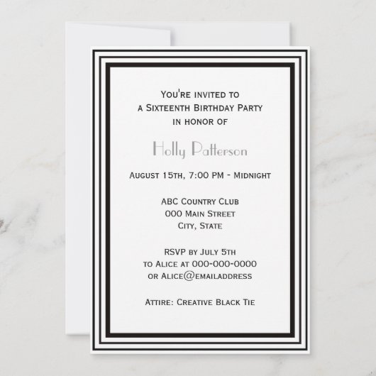 ヴィンテージアールデコ白黒フレーム#1 V Sweet 16 招待状 (裏面)